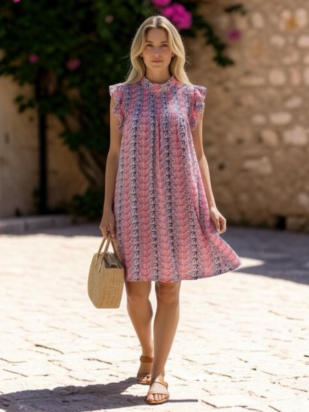 Simply Southern Coral, Navy and Pink Floral Smocked Sleeveless Dress SZ XL